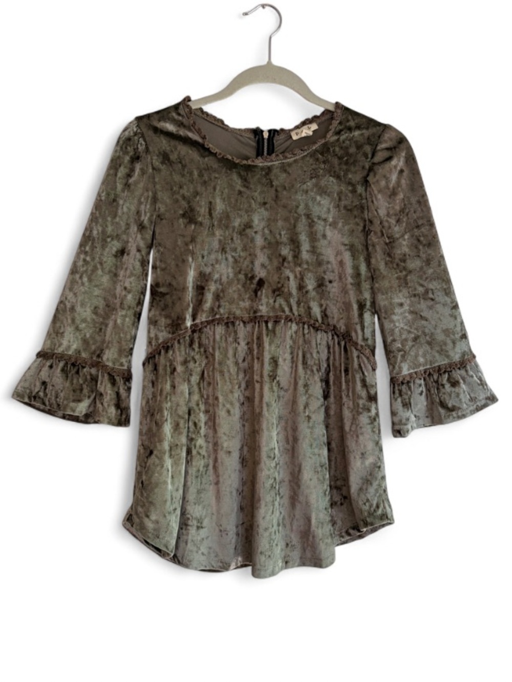 POL Velvet Ruffle Sleeve Lace Trim Boho Peasant Blouse Size S